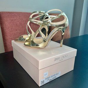 Jimmy Choo Mirror Leather Gold "Lang" Strappy Heels, Size 36, used